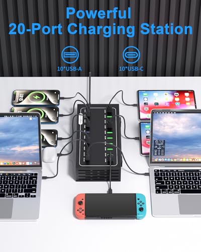 770W USB Charging Station, 20 Port Fast Charging Station for Multiple Devices, PD-140W USB C Charger Block, Smart Power Delivery & Multi Protection for Laptop MacBook iPhone, iPad, Tablet, and More