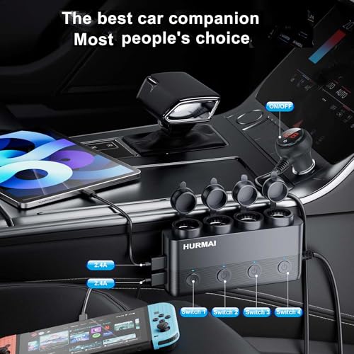 Cigarette Lighter Splitter 216W 4 Socket USB C Car Adapter for Truck SUV | 216W PD30W/QC3.0 USB-C fast charge. 4 sockets. 12V/24V heavy-duty. Switches, dust cover & waterproof for trucks/cars.