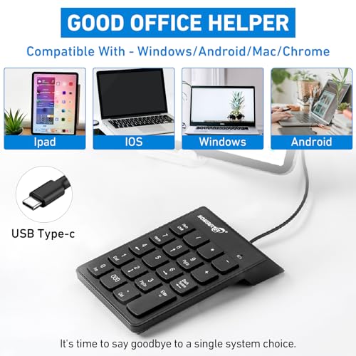 USB-C ＆ USB-A Number Pad, 19 Keys Wired Numeric Keypad, Plug & Play | 15° Ergonomic Numeric Pad for Laptop/Desktop/iPad/phone, Portable Financial Accounting 10 Keys Number Pad for Windows/macOS