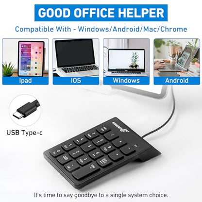 USB-C ＆ USB-A Number Pad, 19 Keys Wired Numeric Keypad, Plug & Play | 15° Ergonomic Numeric Pad for Laptop/Desktop/iPad/phone, Portable Financial Accounting 10 Keys Number Pad for Windows/macOS