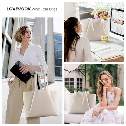 LOVEVOOK Laptop Tote for Women - 15.6 Inch Faux Leather Laptop Bag with Clutch, Large Capacity Office Purse Computer - color: Off-white, size: 15.6 inch
