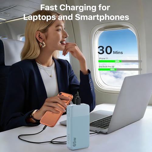 NOBIS Portable Charger, 20000mAh 65W Power Bank with 4 Output Ports, PD QC Fast Charging Travel Essential External Battery Pack for Laptop, MacBook, Phone, Pad (Blue) - color: Blue