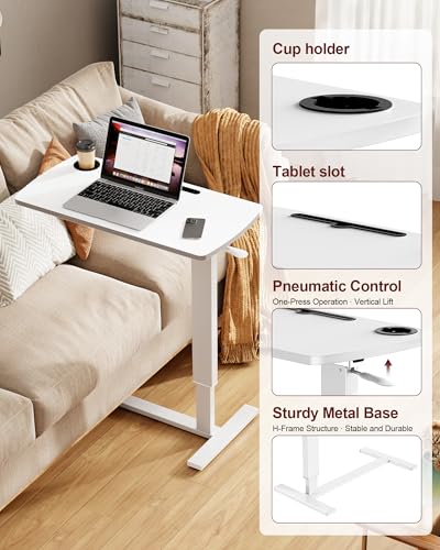 Foldable Overbed Table with Wheels, Pneumatic Adjustable Overbed Bedside Table, Mobile Standing Desk, Hospital Bed Tables Over The Bed, Rolling Laptop Desk with Casters for Home Office - color: White