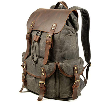 WUDON Leather Backpack for Men, Waxed Canvas Shoulder Rucksack Carry-On Travel Backpack - color: Grey-oversize