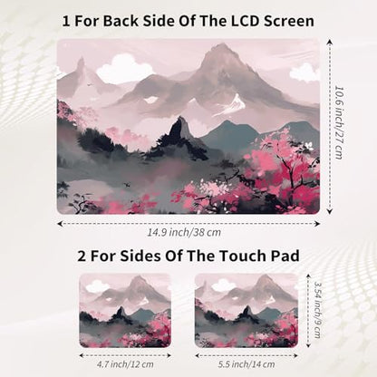 Laptop Skin Sticker 3-Piece Set,Mountains with Pink Flowers | Trim-to-fit 3-piece vinyl set with one 15 x 10.6 in lid skin and two palm-rest decals for many 12-15.6 in laptops - color: Mountains With Pink Flowers