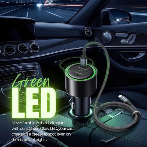 Esoulk145W USB C Car Charger Dual Port Cigarette Lighter Phone Charger | 145W fast dual USB-C car charger, includes 6ft 100W braided USB-C cable, charges 2 phones, tablets, or laptops.