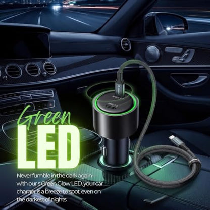 Esoulk145W USB C Car Charger Dual Port Cigarette Lighter Phone Charger | 145W fast dual USB-C car charger, includes 6ft 100W braided USB-C cable, charges 2 phones, tablets, or laptops.