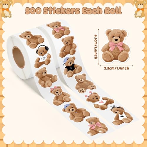 CNhoqc Realistic Teddy Bear Sticker Rolls, 1000pcs, 2 Rolls, 16 Designs | Toy Bear Decorative Decals, Self Adhesive, Waterproof Vinyl, Water Bottle Laptop, Birthday Party Favor, Greeting Card Making - style: Cute Teddy Bear