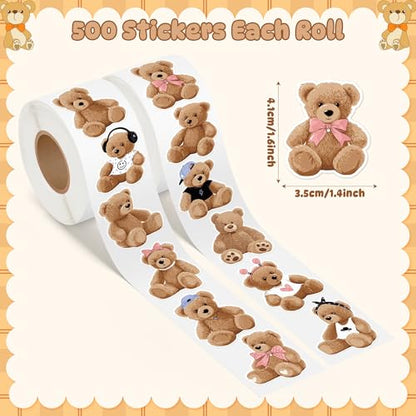 CNhoqc Realistic Teddy Bear Sticker Rolls, 1000pcs, 2 Rolls, 16 Designs | Toy Bear Decorative Decals, Self Adhesive, Waterproof Vinyl, Water Bottle Laptop, Birthday Party Favor, Greeting Card Making - style: Cute Teddy Bear