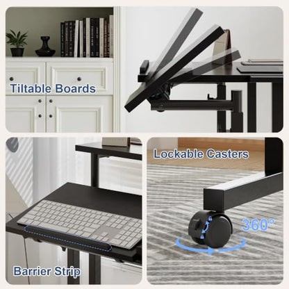 VECELO Mobile Small Standing Desk Adjustable Height, Computer Workstations with Tiltable Tabletop, Lockable Wheels, Portable Rolling Laptop Desk for Home Office, Black - color: Black