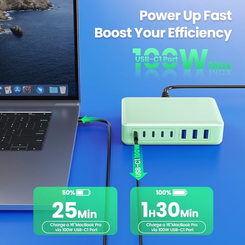 USB C Charger 300W USB C Charger Block GaN IV 8-Port Fast Charging Station Hub,Upgraded PD 100W Laptop Desktop Chargers Adapter for MacBook Pro/Air,DELL,Steam Desk,iPhone 17/16,Samsung Galaxy S25-Mint