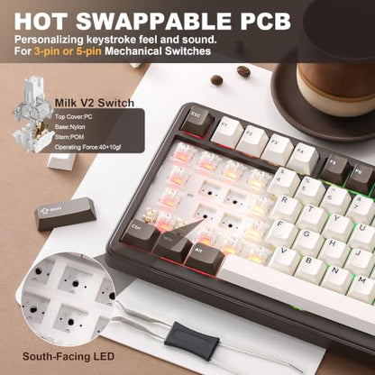 YUNZII B75 PRO Wireless Mechanical Gaming Keyboard | Custom 75% Layout with Knob,Gasket Mount,Hot Swap,Creamy Pre-lubed Switch,BT/USB-C/2.4G (Coffee Brown, Milk Switch) - color: Coffee Brown, size: Milk Switch