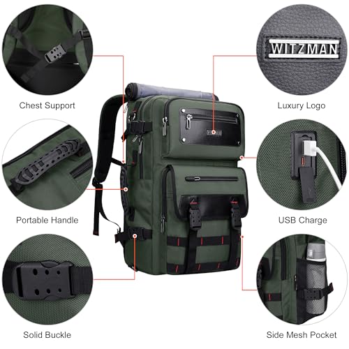WITZMAN Travel Backpack for Men Duffle Bags Fits 17 Inch Laptop | Nylon Water-resistant 3-in-1 Carry on Backpack Airline Approved, Large Convertible Overnight Rucksack, B685 Army Green - color: Army Green