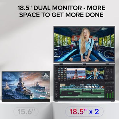 18.5" FHD 1080P Dual Portable Monitor 100% sRGB Laptop Screen Extender, 330° Screen Adjustment & 135° Stand, VESA Mountable, USB-C/HDMI, Travel Monitor for Laptop, Windows