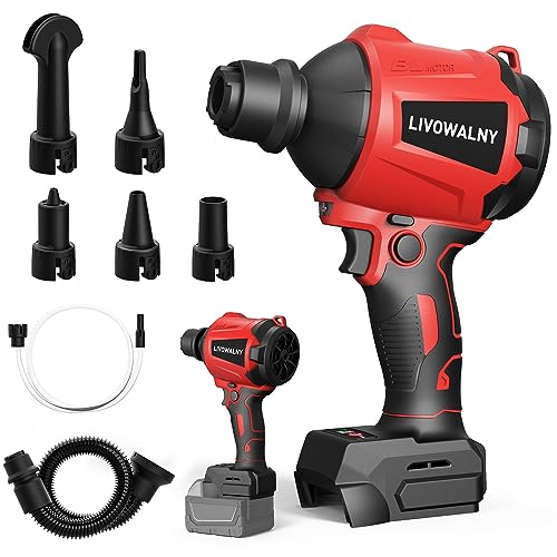 LIVOWALNY Cordless Air Pump Dust Blower Compatible with Milwaukee 18V Battery, Brushless Air Duster Compressed Air Mattress Pump w/ 3 Speeds & 7 Nozzles & 447 MPH/39 CFM for Workshop(Tool ONLY) - color: Red
