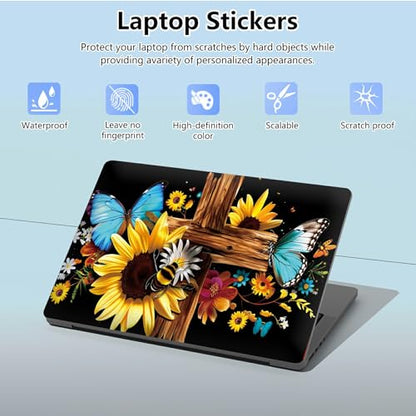 Universal Laptop Skin Sticker with 2 Wrist Pad Skins, Waterproof Scratch Resistant Vinyl Laptop Cover Decal, Cut to Fit for 11–15.6 Inch MacBook HP Dell Lenovo, Cross Sunflower Butterfly - color: Cross Sunflower Butterfly