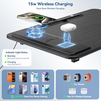 Lap Desk Bed Table with Wireless Charger - Foldable Large Laptop Tray with Tablet Slot and Book Shelf, No Assembly Table for Couch Chair Floor for Sturdy, Writing, Studying Eating, and WFH