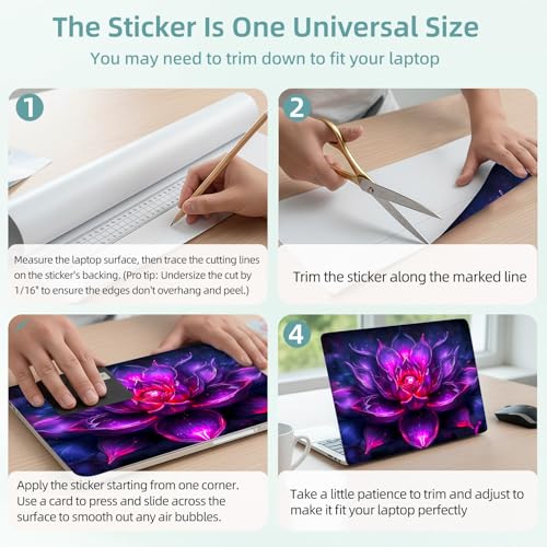 Universal Laptop Skin Decal, 3-Piece Vinyl Protector for 12 13 14 15.6" Notebook, Waterproof Anti-Scratch, Easy Trim & Bubble-Free Finish, Purple Glowing Lotus - color: Purple Glowing Lotus