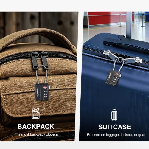 Puroma 4 Pack TSA Locks for Luggage Lightweight 4-Digit Code Padlock Black | TSA Approved, Resettable, Flexible Cable, Zipper holes, Bright Color, Large White Numbers, for Train Travel Suitcase Backpack