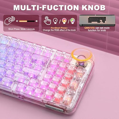 YUNZII X98 QMK/VIA Wireless Mechanical Gaming Keyboard with Knob,Tri-Mode BT5.0/USB-C/2.4GHz Hot Swappable Keyboard,Pre-lubed Switches Gasket Mount RGB Backlit for Wins/Mac (Pink, Crystal Switch) - color: Pink, size: Crystal Switch