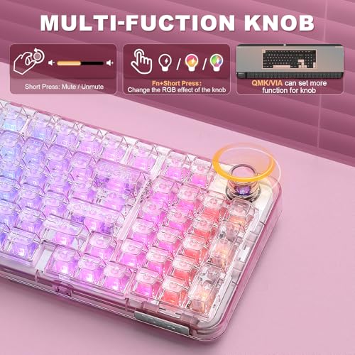 YUNZII X98 Clear Wireless Mechanical Keyboard with Knob (Pink, Snow Switch) | BT5.0/USB-C/2.4GHz,1800 Layout with Number Pad,Pre-lubed Switches Gasket Mount ,Clear Keyboard with RGB for Wins/Mac/Gaming - color: Pink, size: Snow Switch