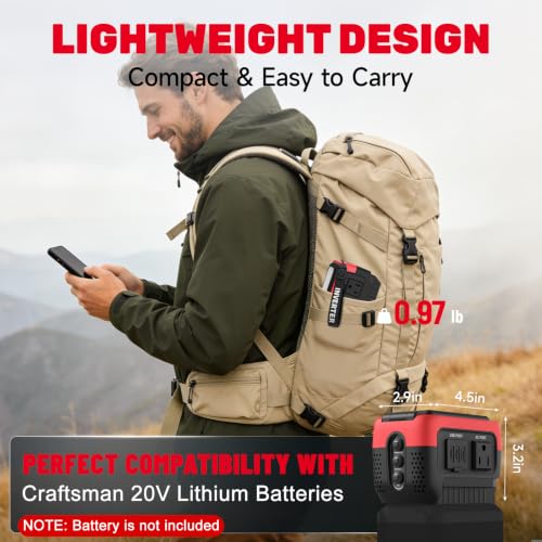 240W Power Inverter Pure Sine Wave Compatible with Craftsman 20V Battery | 7A Fast Charger, Portable Power Station with 120V AC Outlets, USB-C (140W), 2 QC USB Ports(18W), 600LM LED (No Battery) - color: Crimson
