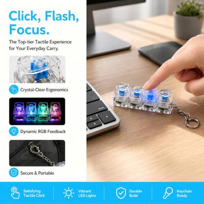 Keyboard Fidget Keychain, LED Clicker Fidget Toy, Sensory Stress Relief,2-Pack 4-Key Mechanical Switches, Crystal Rounded Keycaps, Adjustable LED Glow, DIY Stickers & Spare Keycaps Included