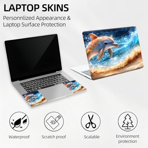 Ocean Wave Dolphin Universal Laptop Skin Sticker 3PCS, Protective Decal Trim-to-Fit 11.6" 13.3" 14" 15.6" Laptop Vinyl Cover, Removable Anti-Scratch Computer Decal Protector - color: Ocean Wave Dolphin