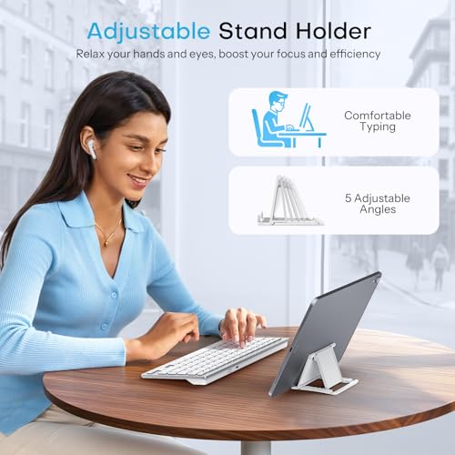 OMOTON Upgraded Rechargeable Bluetooth Keyboard for iPad, with Adjustable Stand Holder and 2 Key Stickers, Compact Portable Wireless Keyboard for iPad 11th A16, 10th, Pro, Air, Mini - color: White