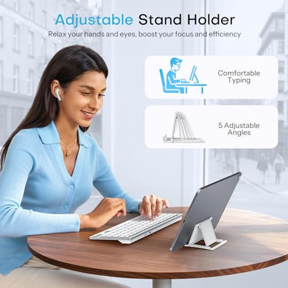 OMOTON Upgraded Rechargeable Bluetooth Keyboard for iPad, with Adjustable Stand Holder and 2 Key Stickers, Compact Portable Wireless Keyboard for iPad 11th A16, 10th, Pro, Air, Mini - color: White
