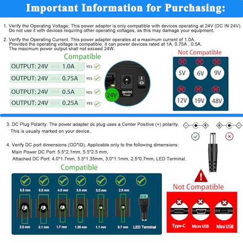 24V Power Supply Withe, AC 100-240V to DC 24 Volt 1A 24W Adapter. | DC 24V Power Cord Class 2 with 5 Tips, for LED Light Strip, String Lights, Soundbar, Massage Gun and More.