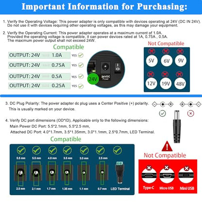 24V Power Supply Withe, AC 100-240V to DC 24 Volt 1A 24W Adapter. | DC 24V Power Cord Class 2 with 5 Tips, for LED Light Strip, String Lights, Soundbar, Massage Gun and More.