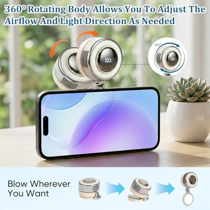 hepanio Clip On Fan,Small Fan Clip on for Shirt & Waist 3 in 1 Portable Silent Mini Bladeless Fan Magnetic Phone Fan Magsafe Compatible with Fill Light,Clip & Desktop Dual Use,360° Clip On Fan - color: White