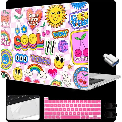 MEEgoodo for MacBook Pro 13 inch Case 2022 2021 2020 A2338 M2/M1 A2251 A2289 with Touch ID,Clear Laptop Hard Shell Cases with Keyboard Webcam Cover & Trackpad Film & Type C Adapter, Pattern Stickers - color: Pattern Stickers