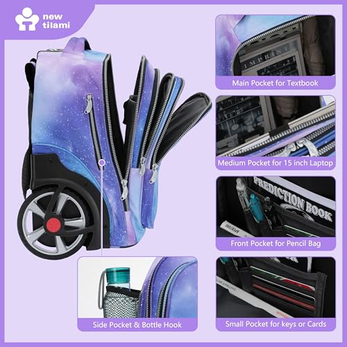 NEW TILAMI 20 Inch Rolling Backpack for School Stair-Climbing Big Wheel | Teen Boys Girls Carry-on Suitcase Large Organizer Compartment 15.6 Laptop Sleeve Adjustable Handle Roller Travel Bag College - color: Purple - Blue Fade