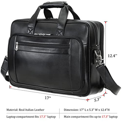 Men's Solid Thick Full Grain Leather 17.3" Laptop Briefcase Classic Messenger Bag Fit Business Travel | Solid - color: Black