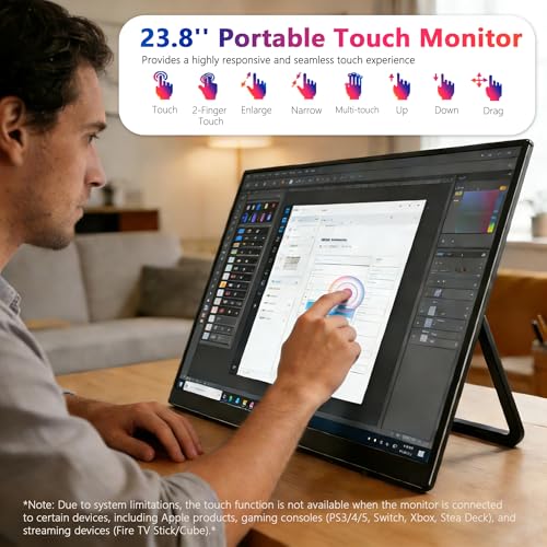 QQU 23.8" Large Portable Touchscreen Monitor, 1080P 100Hz FHD 100% sRGB USB-C HDMI Home Gaming Second Monitor Speakers w/120°Stand & VESA Travel Monitor for Laptop, MacBook, PC, Phone, Tablet, Switch