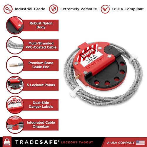 TRADESAFE Lockout Tagout Adjustable Cable Lock - 6 ft Steel Cable Lock | Uv-resistant Pvc-coated Steel Cable, Non-conductive Nylon Body, Secures With Up To 5 Loto Padlocks - style: 6 ft