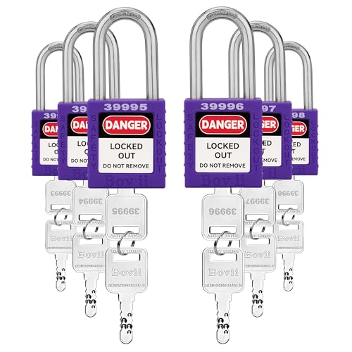 Loto Locks, 6 Pack Purple Keyed Different Lockout Tagout Padlocks | Anti-Corrosion Cylinder Safety locks, 2 Keys Each, Nylon Body, Key-Retaining Design, Stainless Steel Shackle, EN/FR/ES Labels - color: C7-6 purple locks-keyed different