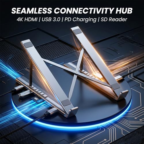 Sakerplus 8-in-1 Laptop Docking Station, Hub7 Foldable Laptop Stand with 4K HDMI, PD 100W USB-C Charging, USB 3.0, SD/TF Card Reader, Adjustable Ergonomic Stand with Anti-Slip Pads