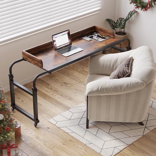 LINGMI Kids and Adult Desk, Overbed Table with Wheels, Bed Desk Recliner Table Adjustable Height Laptop Table, Queen King Size Over The Bed Table with Metal Leg(Rustic Brown) - color: Rustic Brown