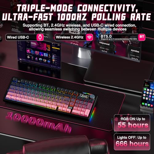 LINGBAO K98 PRO Wireless Mechanical Gaming Keyboard with Screen & Knob | Tri-Mode BT5.0/2.4G/USB-C, Gasket Mount Hot Swappable Linear Switches, RGB Backlit Creamy Sounding for PC/Mac Office& Gaming - color: K98Pro | 10000mAh | Gradient Black Pink