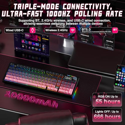 LINGBAO K98 PRO Wireless Mechanical Gaming Keyboard with Screen & Knob | Tri-Mode BT5.0/2.4G/USB-C, Gasket Mount Hot Swappable Linear Switches, RGB Backlit Creamy Sounding for PC/Mac Office& Gaming - color: K98Pro | 10000mAh | Gradient Black Pink