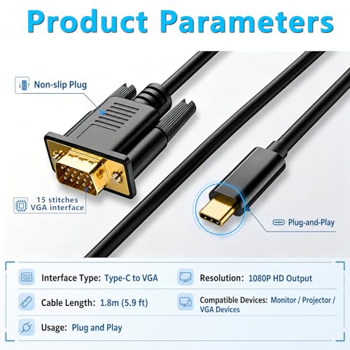 Duttek USB C to VGA Adapter Cable 6FT/1.8M, One Way USB-C Male to VGA Male Cord for Laptop Android Phone Tablet, Connect to Monitor Projector HDTV, 1080P@60Hz (Not Support Thunderbolt Port)