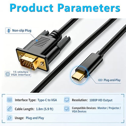 Duttek USB C to VGA Adapter Cable 6FT/1.8M, One Way USB-C Male to VGA Male Cord for Laptop Android Phone Tablet, Connect to Monitor Projector HDTV, 1080P@60Hz (Not Support Thunderbolt Port)