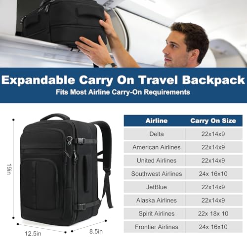 Travel Backpack,Carry on Backpack Expandable 40-50L with USB Cable Port,Fits 17.3 Inch Laptop Notebook,Water Resistant Business Travel Laptop Backpack for Men Women Weekend Trips,Daily Travel,Black - color: Black
