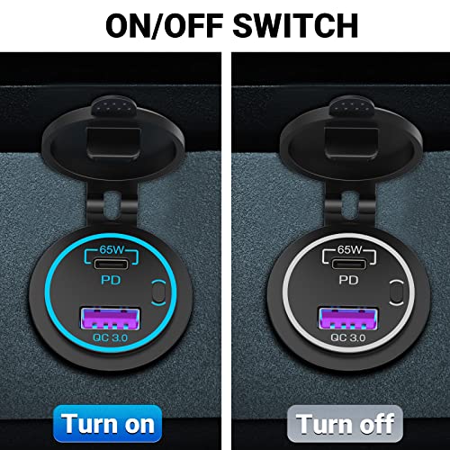 83W Laptop 12V USB Outlet: OUFFUN 65W PD Car Charger and 18W QC3.0 with Power Switch Waterproof for Car RV Boat Marine Motocycle Truck Golf Cart