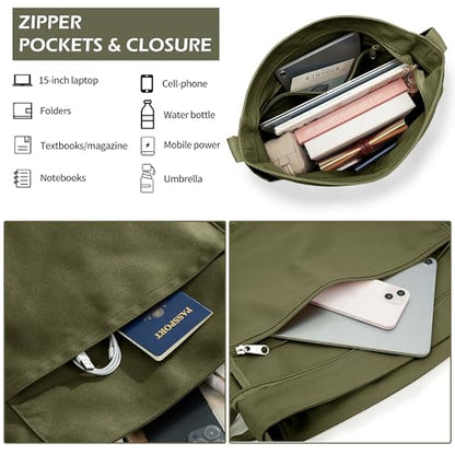 KALIDI Canvas Tote Bag Large Hobo Crossbody Shoulder Handbag Zipper Messenger Bag for Women or Men Casual College Work - color: Army Green