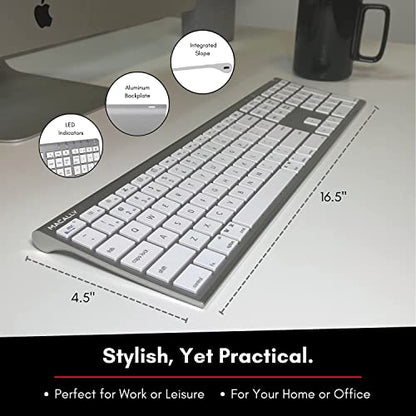 Macally Wireless Bluetooth Keyboard for Mac - Compatible Apple Keyboard or MacBook Pro/Air, iMac - Multi-Device, Up to 3 Devices with 110 Keys, 20 Shortcuts, Numeric Keypad, and Rechargeable - Silver - color: Aluminum Silver