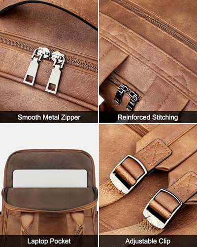MASINTOR 15.6 inch PU Leather Laptop Backpack Purse for Women | College Laptop Backpack, Spacious Main Compartment, Luggage Strap & Padded Sleeve, Ideal for Campus, Commute & Travel - color: Mocha Brown